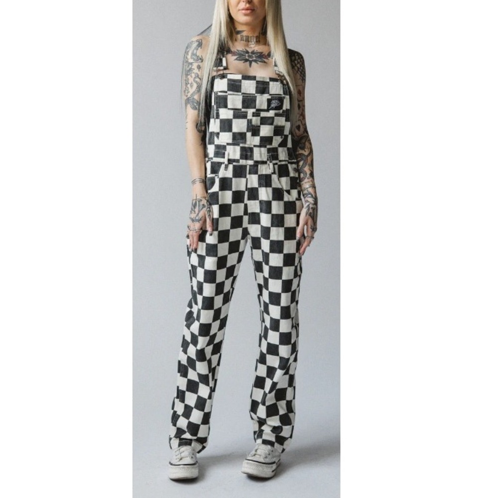 Hell Babes Women's Black White Checkered Born Bad Washed Overalls Size XS NWT
